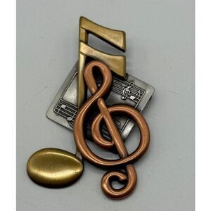Vintage Signed K&T Treble Sheet Music Notes Copper Brass Pewter Brooch